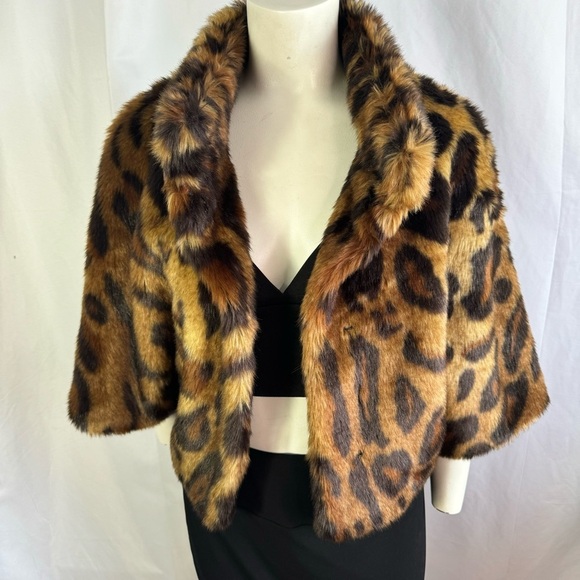 LAUNDRY BY SHELLI SEGAL FAUX FUR BOLERO JACKET ANIMAL PRINT BROWN  COAT ONE SIZE - Picture 8 of 14